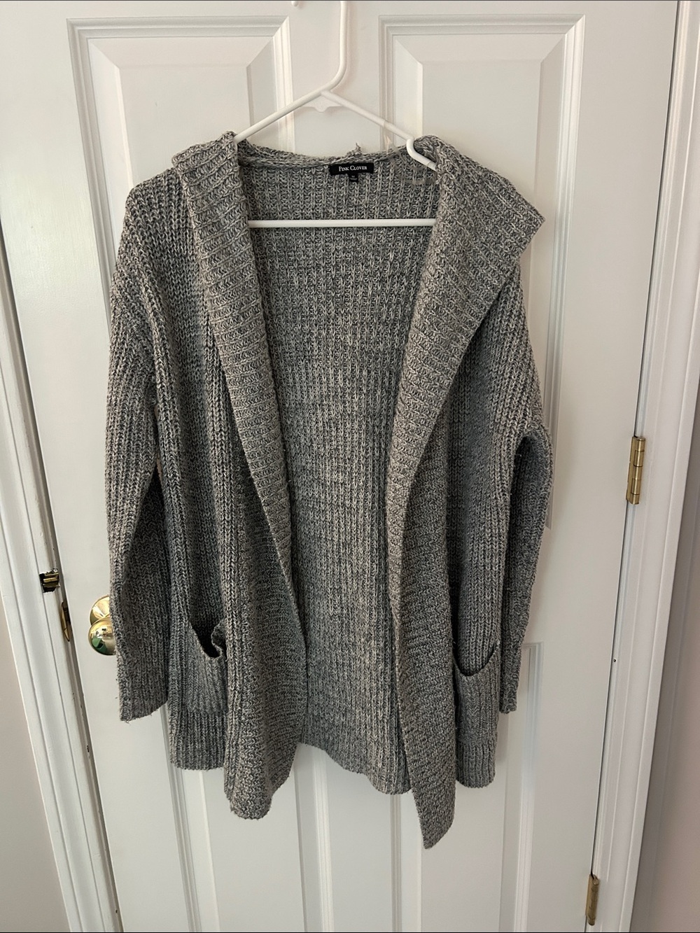 Pink Clover Grey Hooded Open-Front Knit Cardigan